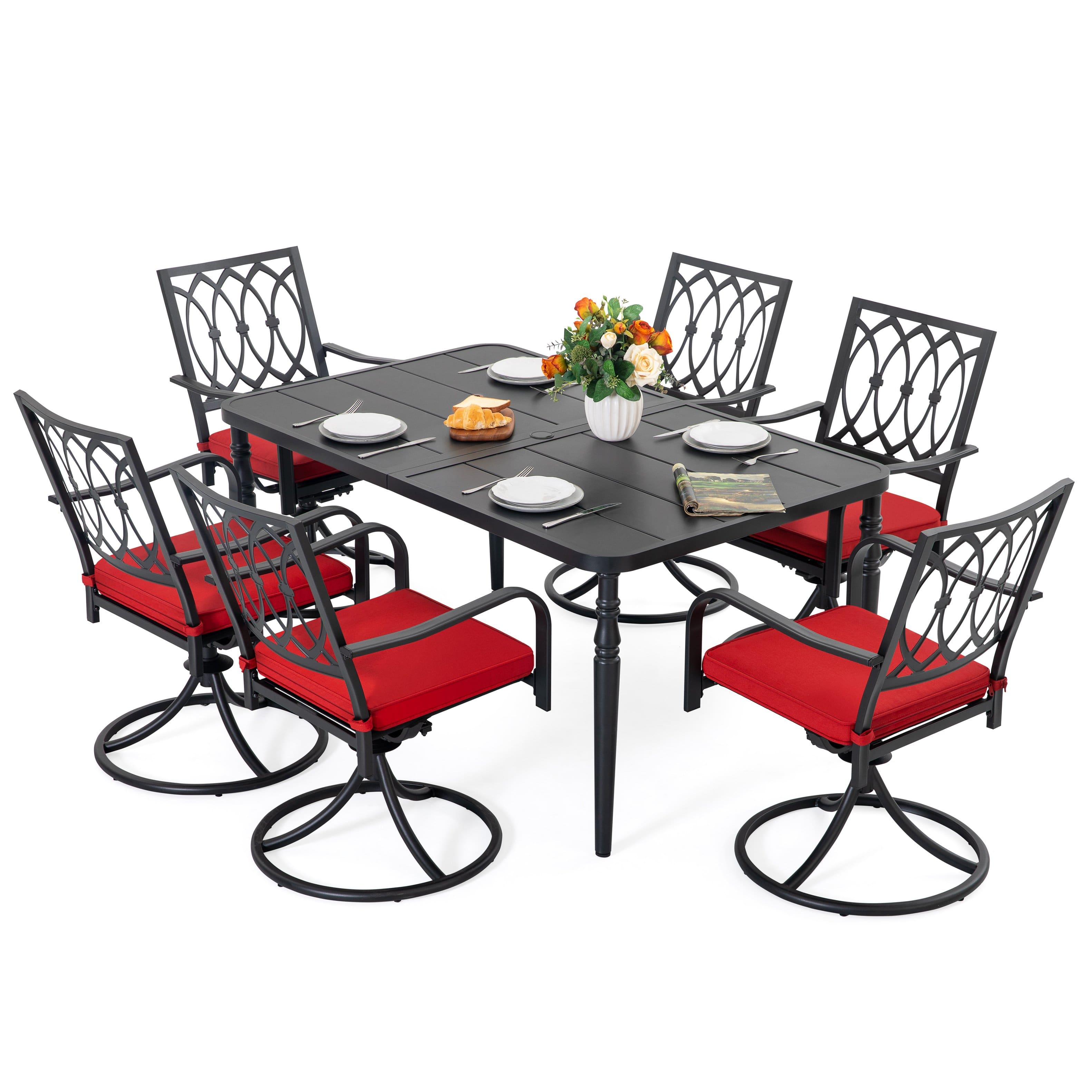 Nuu Garden - 7PCS Metal Patio Dining Set with Umbrella Hole, Swivel Chairs with Cushions - Black and Red