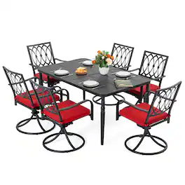 Nuu Garden - 7PCS Metal Patio Dining Set with Umbrella Hole, Swivel Chairs with Cushions - Black and Red