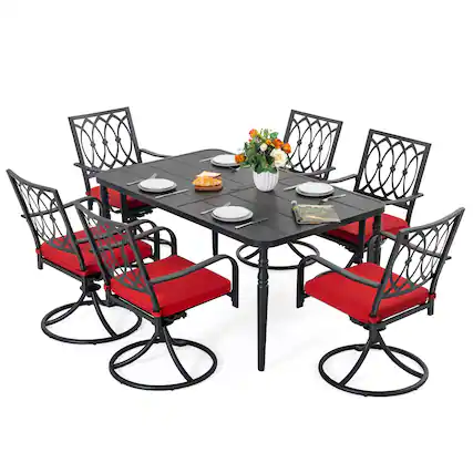 Front. Nuu Garden - 7PCS Metal Patio Dining Set with Umbrella Hole, Swivel Chairs with Cushions - Black and Red.