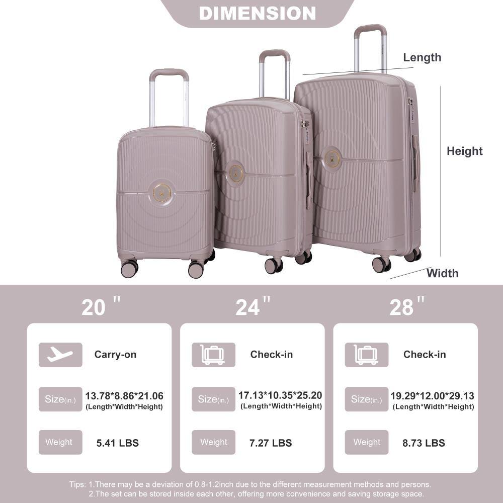 **DIMENSION**

- **20" Carry-on**
  - Size (in): 13.78" x 8.86" x 21.06" (Length x Width x Height)
  - Weight: 5.41 LBS

- **24" Check-in**
  - Size (in): 17.13" x 10.35" x 25.20" (Length x Width x Height)
  - Weight: 7.27 LBS

- **28" Check-in**
  - Size (in): 19.29" x 12.00" x 29.13" (Length x Width x Height)
  - Weight: 8.73 LBS

**Tips:**
1. There may be a deviation of 0.8-1.2 inch due to different measurement methods and persons.
2. The set can be stored inside each other, offering more convenience and saving storage space.