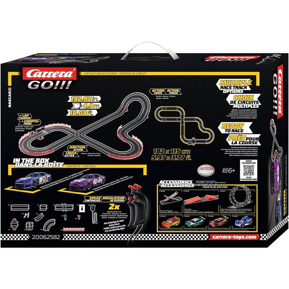 Sure, here is the corrected and grouped text from the image:

---

**Carrera GO!!!**

**14T SLOT RACING SYSTEM - SYSTÈME DE CIRCUIT**

**192.92 in / 4.9 m / 16.08 ft**

**182 x 115 cm / 5.97 x 3.77 ft**

**MULTIPLE RACE TRACK ACTION OPTIONS - CHOIX DE CIRCUITS MULTIPLES**

**READY TO RACE - PRÊT POUR LA COURSE**

**IN THE BOX - DANS LA BOÎTE**

**CONTENTS - CONTENU**

- 2x 1:48 scale cars
- 48 pieces of track
- 2x speed controllers
- Accessories for more action

**JUNCTION ACTION - ACTION DE RENCONTRE**

**SPEED REGULATOR - RÉGULATEUR DE VITESSE**

**ACCESSORIES - ACCESSOIRES**

**AGE 6+**

**Carrera Quality**

**carerra-toys.com**

**20062582**

---

This text is organized to reflect the information on the packaging, including the product name, features