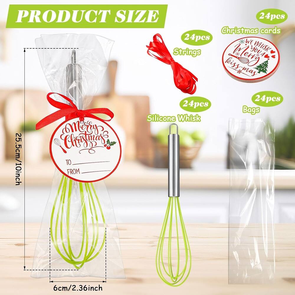 PRODUCT SIZE

- 24pcs Christmas cards
- 24pcs Strings
- 24pcs Silicone Whisk
- 24pcs Bags

25.5cm/10inch

6cm/2.36inch