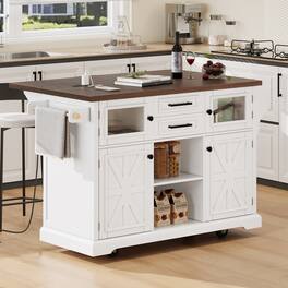 Whisen - 54.9" Kitchen Island with Drop Leaf & Power Outlet, Rolling Storage Cart with 4 Doors & 2 Drawers - White