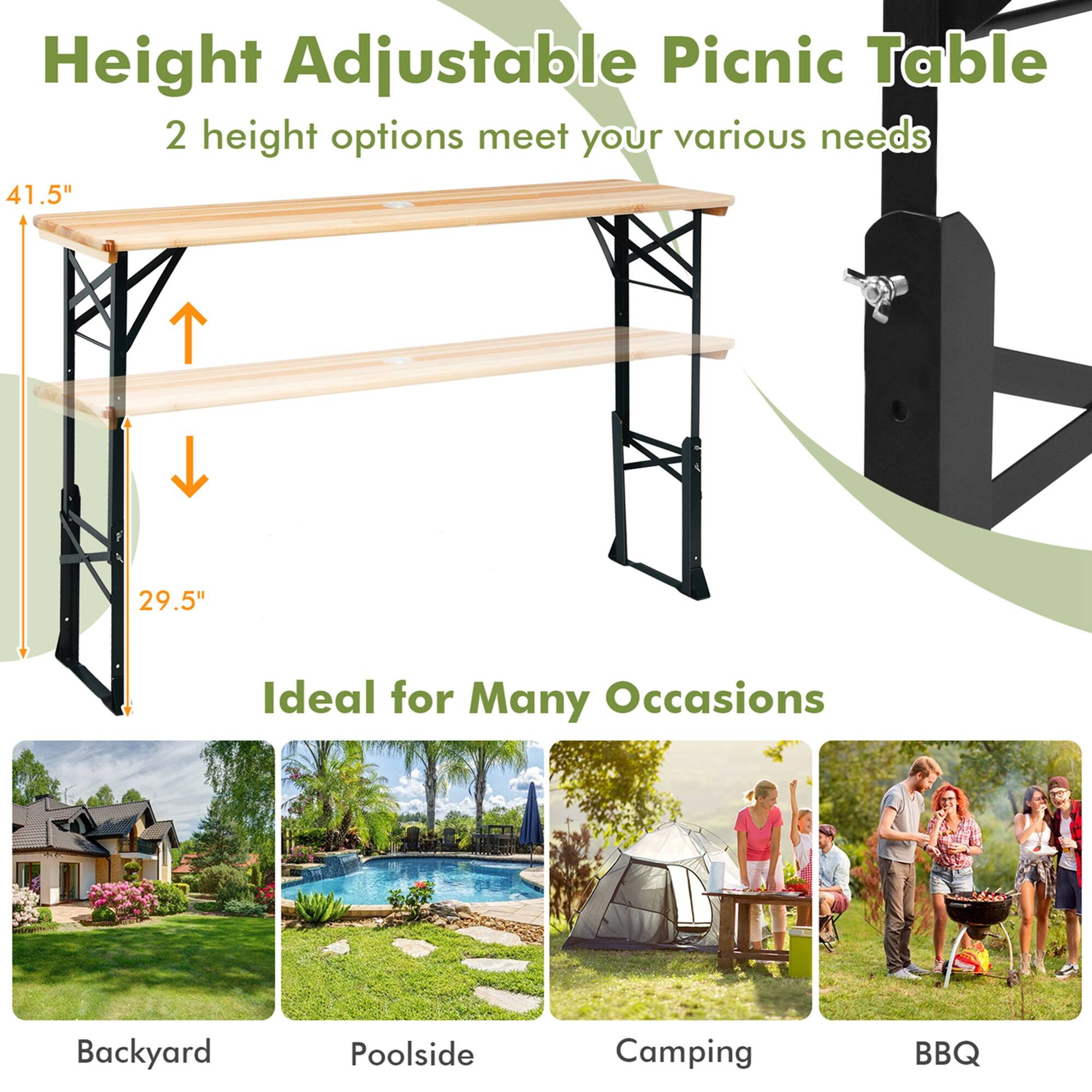 Height Adjustable Picnic Table 2 height options meet your various needs 41.5" 29.5" Ideal for Many Occasions Backyard Poolside Camping BBQ