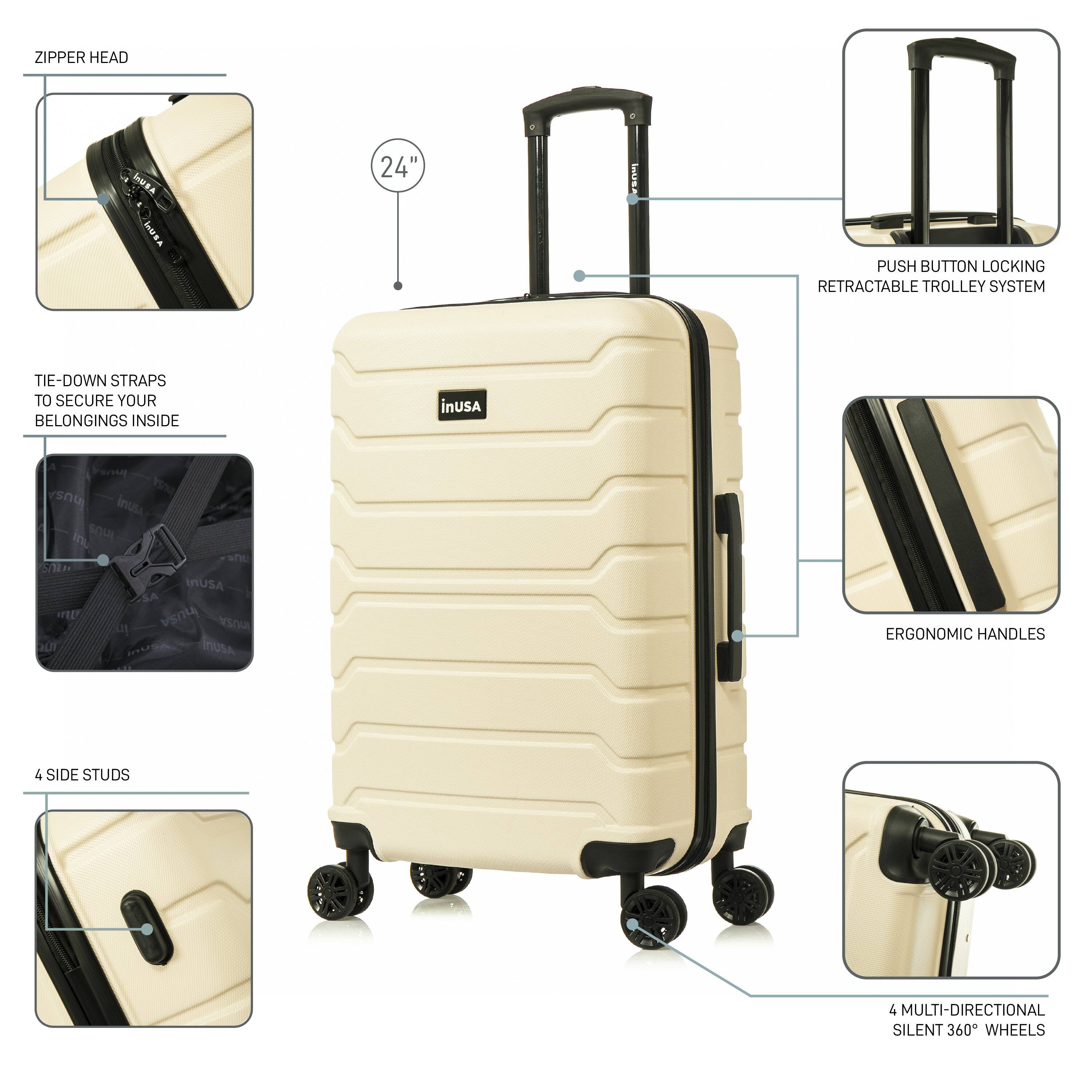 ZIPPER HEAD  
24"  
PUSH BUTTON LOCKING RETRACTABLE TROLLEY SYSTEM  
TIE-DOWN STRAPS TO SECURE YOUR BELONGINGS INSIDE  
4 SIDE STUDS  
ERGONOMIC HANDLES  
4 MULTI-DIRECTIONAL SILENT 360° WHEELS