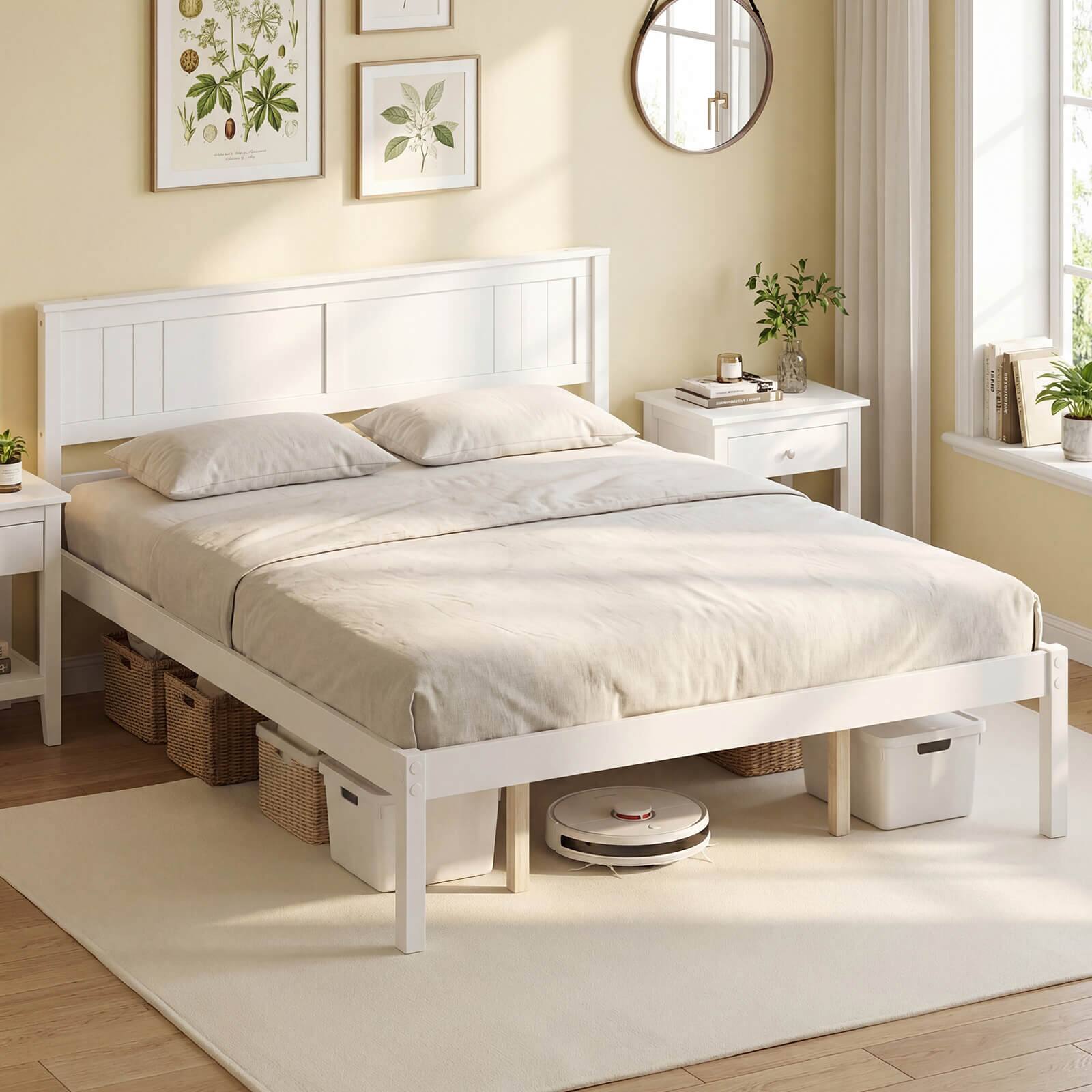 Alt View 3. Costway - Costway Queen Size Wooden Platform Bed Frame with Headboard Mattress Foundation - White.