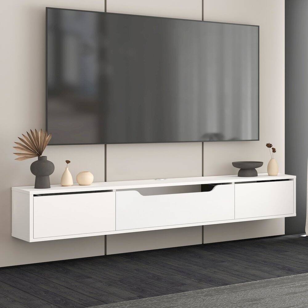 Angle. Atelier Mobili - Floating TV Stand for Up to 80 Inch TVs – Wall Mounted Media Console - White.