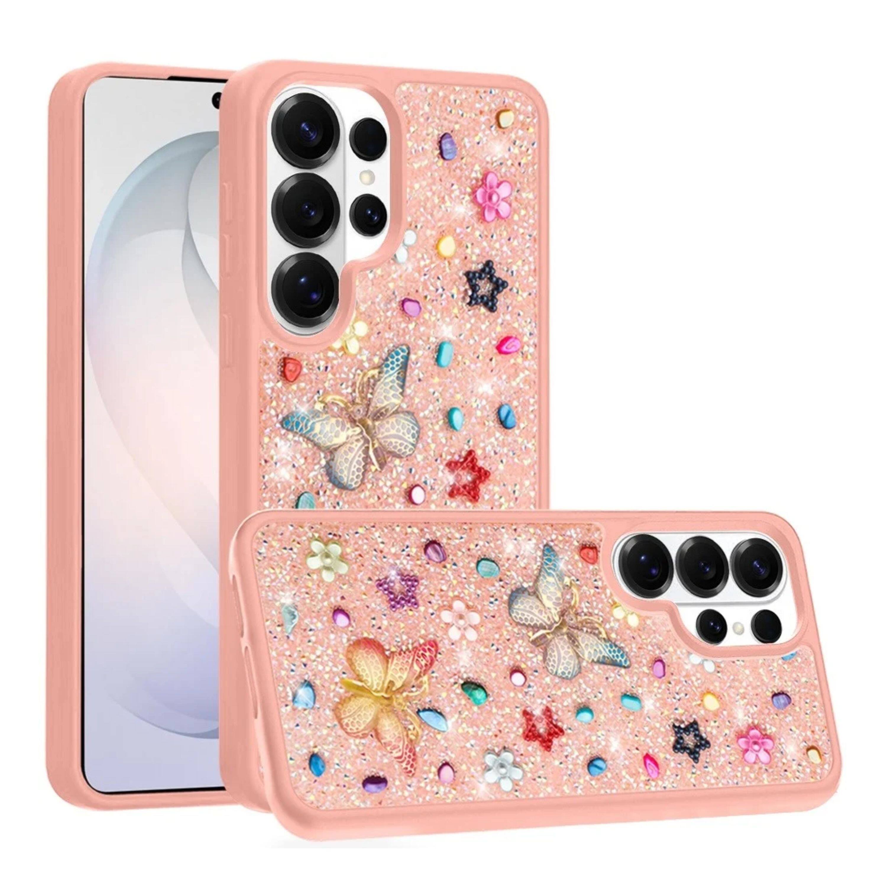 Angle. Kitcheniva - Butterfly 3D Jewel Glitter Phone Case With Tempered Glass For Samsung Galaxy S26 Ultra Light Pink - Light Pink.