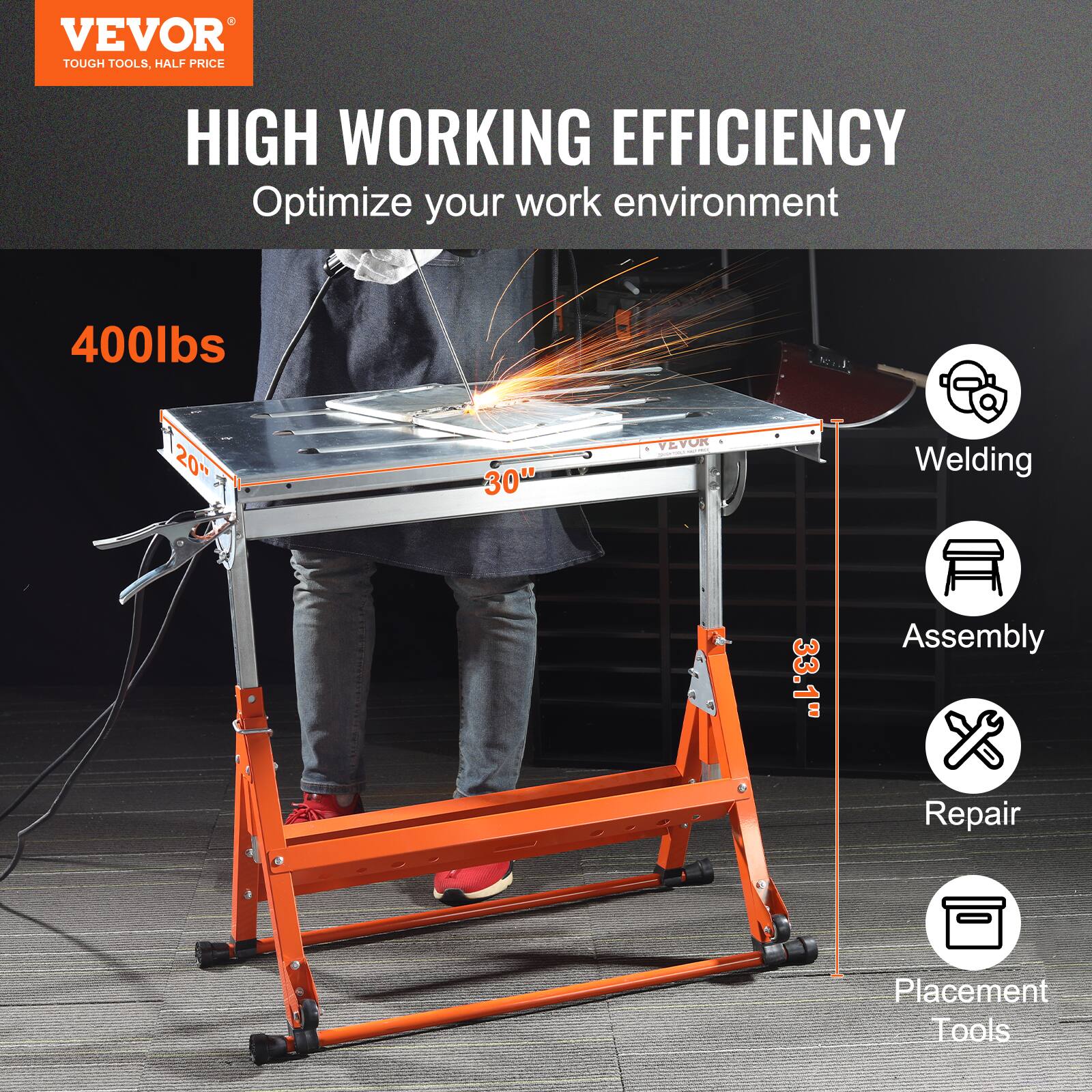 VEVOR  
TOUGH TOOLS, HALF PRICE  

HIGH WORKING EFFICIENCY  
Optimize your work environment  

400lbs  
20" x 30"  
33.1"  

Welding  
Assembly  
Repair  
Placement Tools