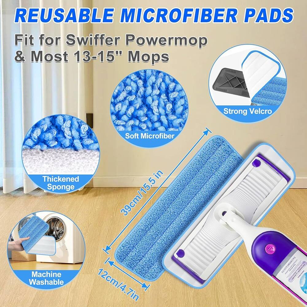 REUSABLE MICROFIBER PADS  
Fit for Swiffer Powermop & Most 13-15" Mops  

- Soft Microfiber  
- Thickened Sponge  
- Strong Velcro  
- Machine Washable  

Dimensions:  
- 39cm/15.5in  
- 12cm/4.7in