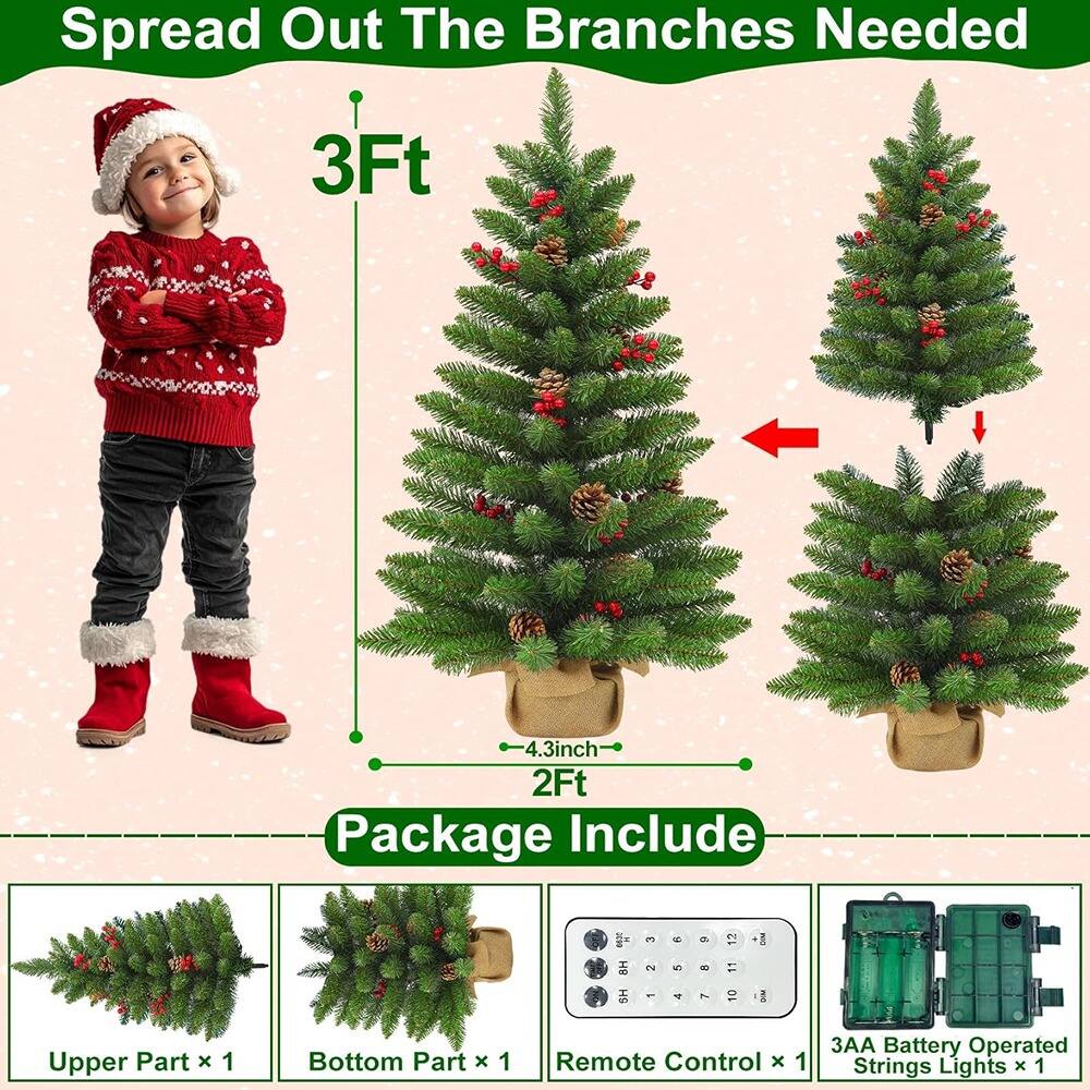 Spread Out The Branches Needed

3Ft  
4.3inch  
2Ft

Package Include

Upper Part x 1  
Bottom Part x 1  
Remote Control x 1  
3AA Battery Operated Strings Lights x 1