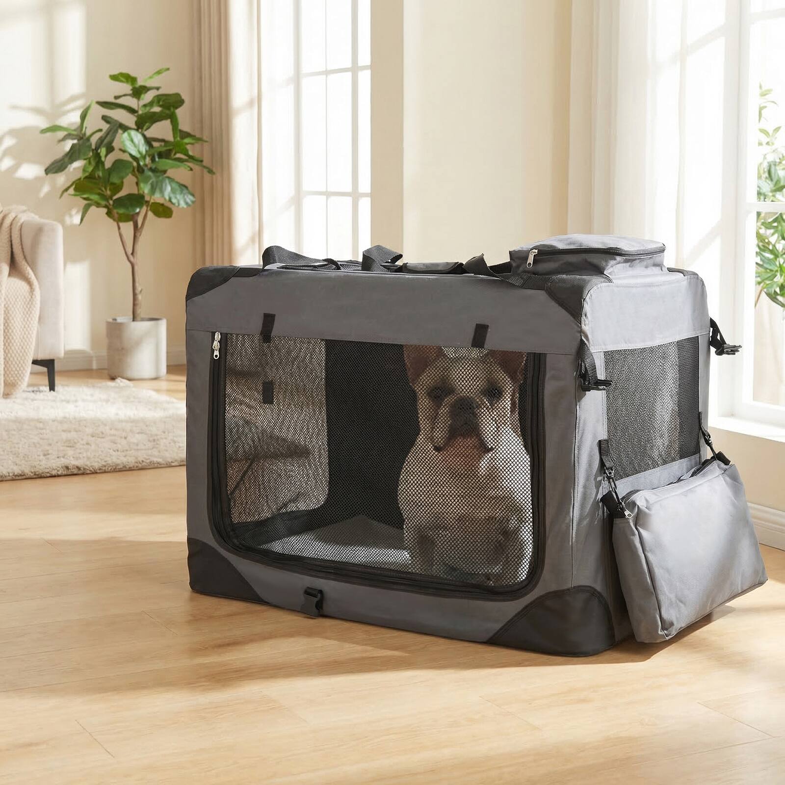 Alt View 1. Gymax - Gymax 32'' Collapsible Soft Dog CratePortable Dog Travel Crate w/Mesh Windows 3 Doors - Gray.