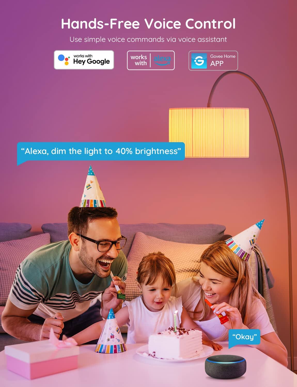 Hands-Free Voice Control  
Use simple voice commands via voice assistant  

works with Hey Google  
works with Alexa  
Govee Home APP  

"Alexa, dim the light to 40% brightness"  
"Okay"