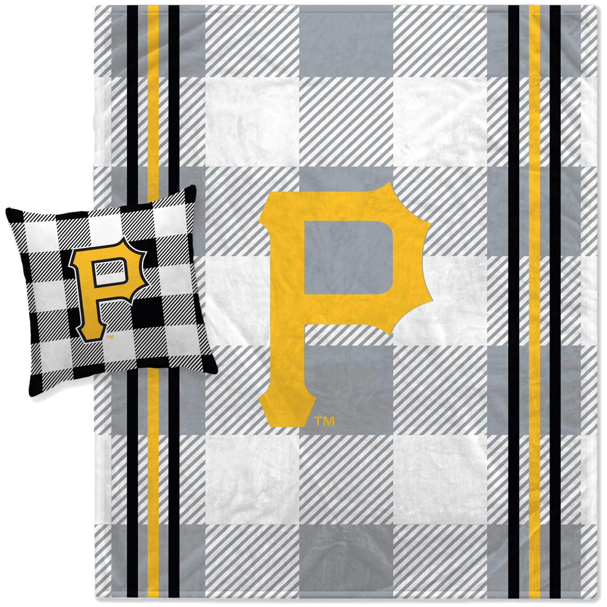 Pegasus - Pittsburgh Pirates Gray Plaid Stripes Blanket and Pillow Combo Set - Multicolor