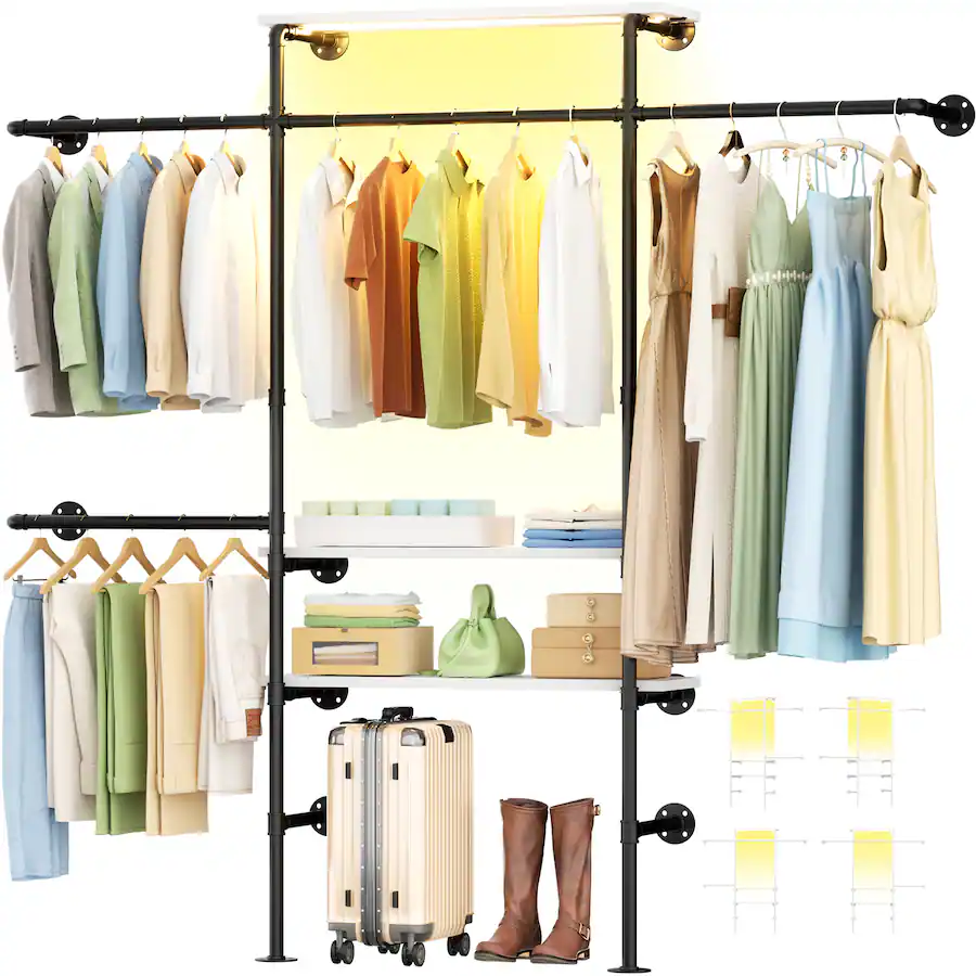 Coming Rod Racks Aheaplus 87'' Wide Wall Mounted Industrial Pipe Clothing Rack with 3 ...
