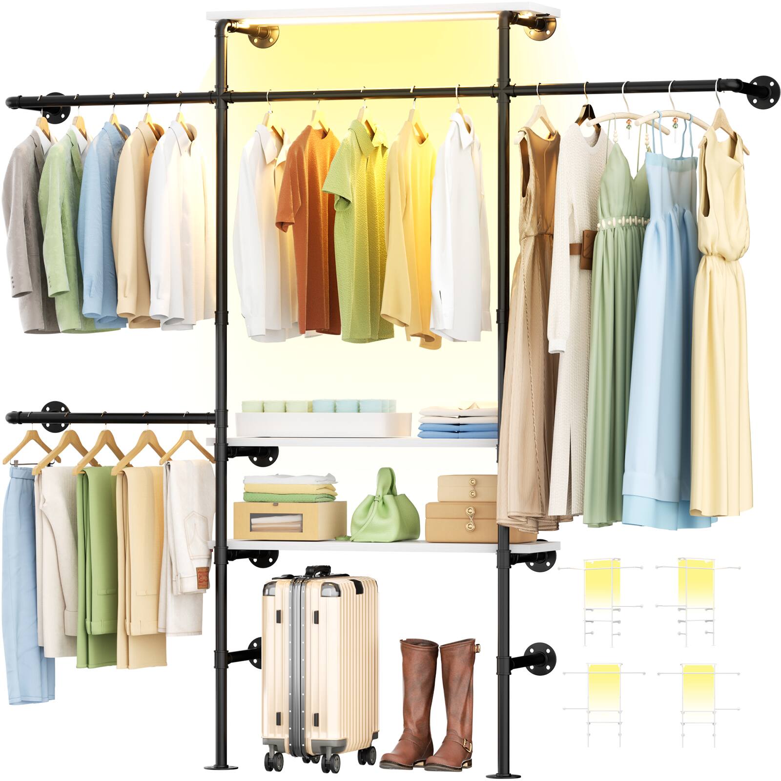 Angle. Aheaplus - 87'' Wide Wall Mounted Industrial Pipe Clothing Rack with 3 Shelves and 4 Hanging Rods, Reversible - White.