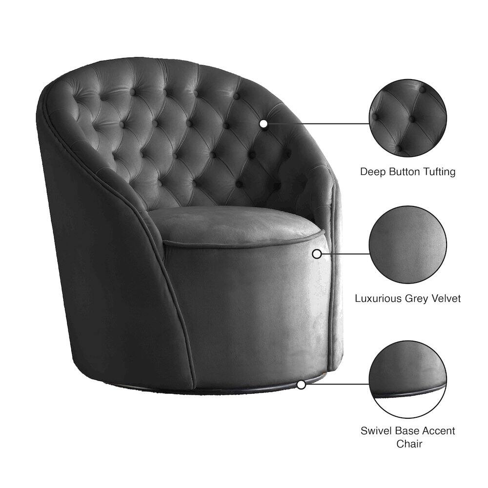 Deep Button Tufting  
Luxurious Grey Velvet  
Swivel Base Accent Chair