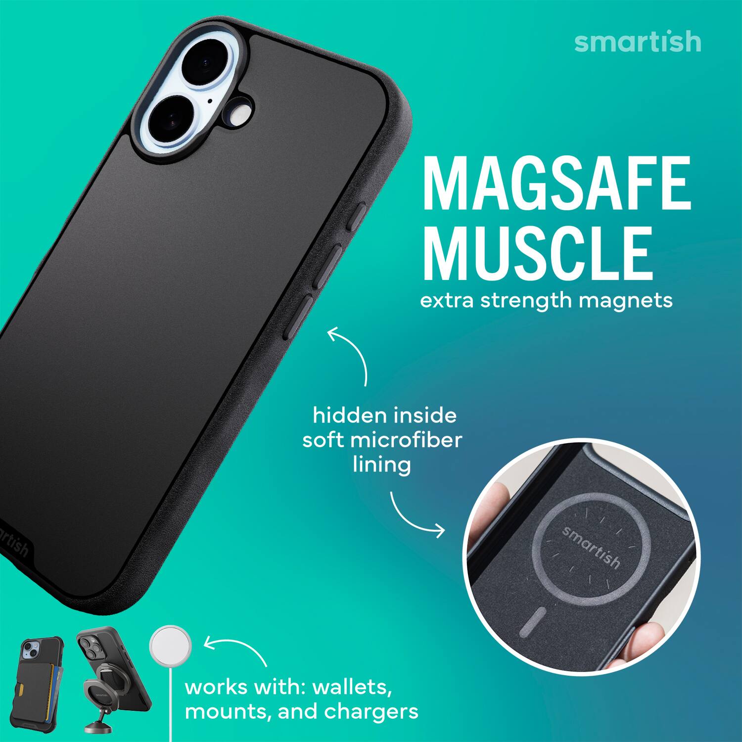 smartish MAGSAFE MUSCLE extra strength magnets hidden inside soft microfiber lining smartish works with: wallets, mounts, and chargers