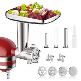 Gvode - Meat Grinder Attachment, Compatible with KitchenAid®, 4 Plates, 3 Sausage Tubes & 2 Blades - Silver