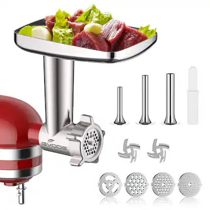 Front. Gvode - Gvode Meat Grinder Attachment, Compatible with KitchenAid®, 4 Plates, 3 Sausage Tubes & 2 Blades - Silver.