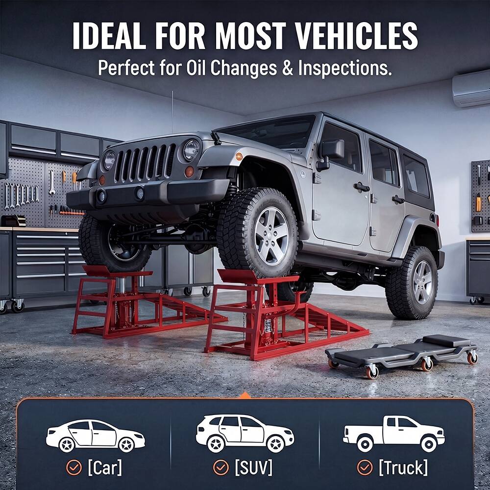 IDEAL FOR MOST VEHICLES  
Perfect for Oil Changes & Inspections.  
[Car]  
[SUV]  
[Truck]