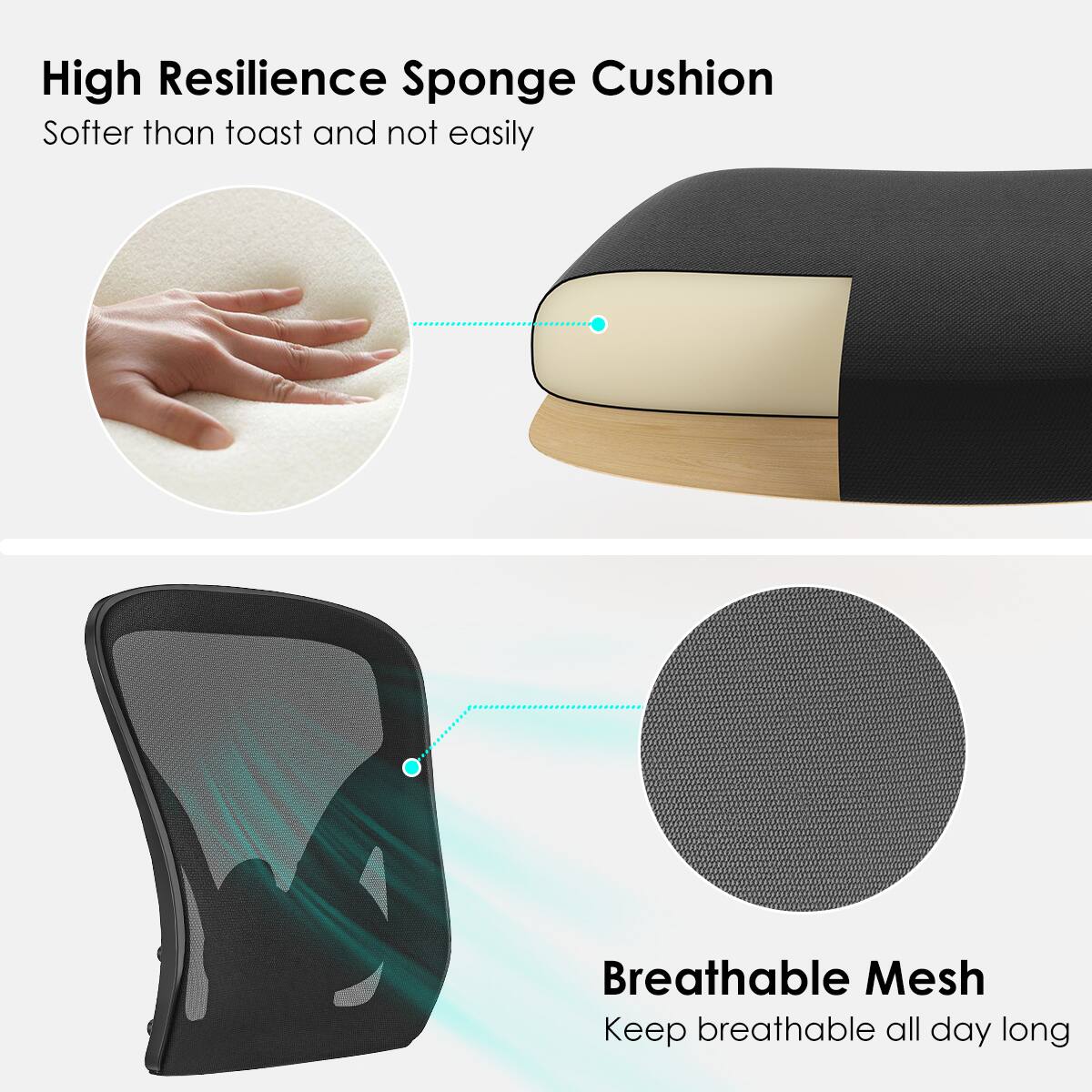 High Resilience Sponge Cushion  
Softer than toast and not easily  

Breathable Mesh  
Keep breathable all day long