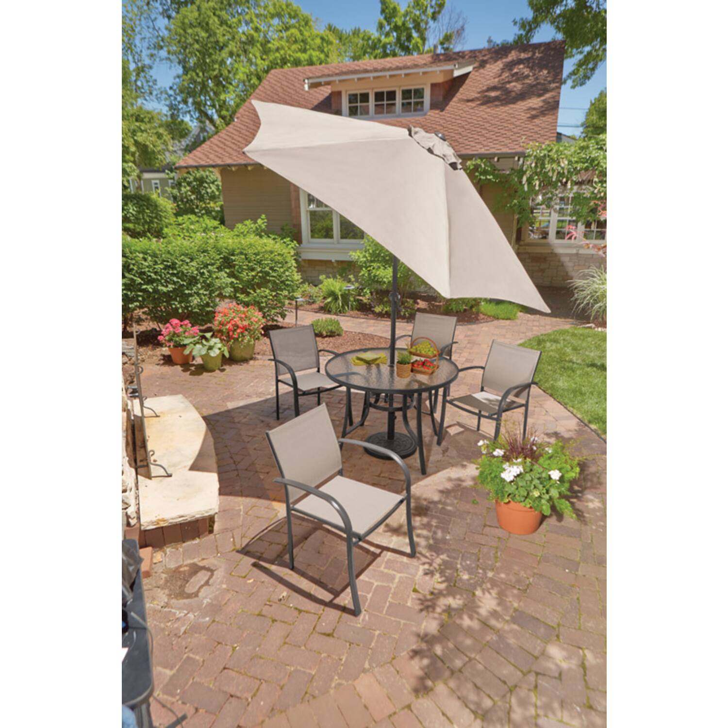 Left. Living Accents - Living Accents 9 ft. Tiltable Taupe Market Umbrella.