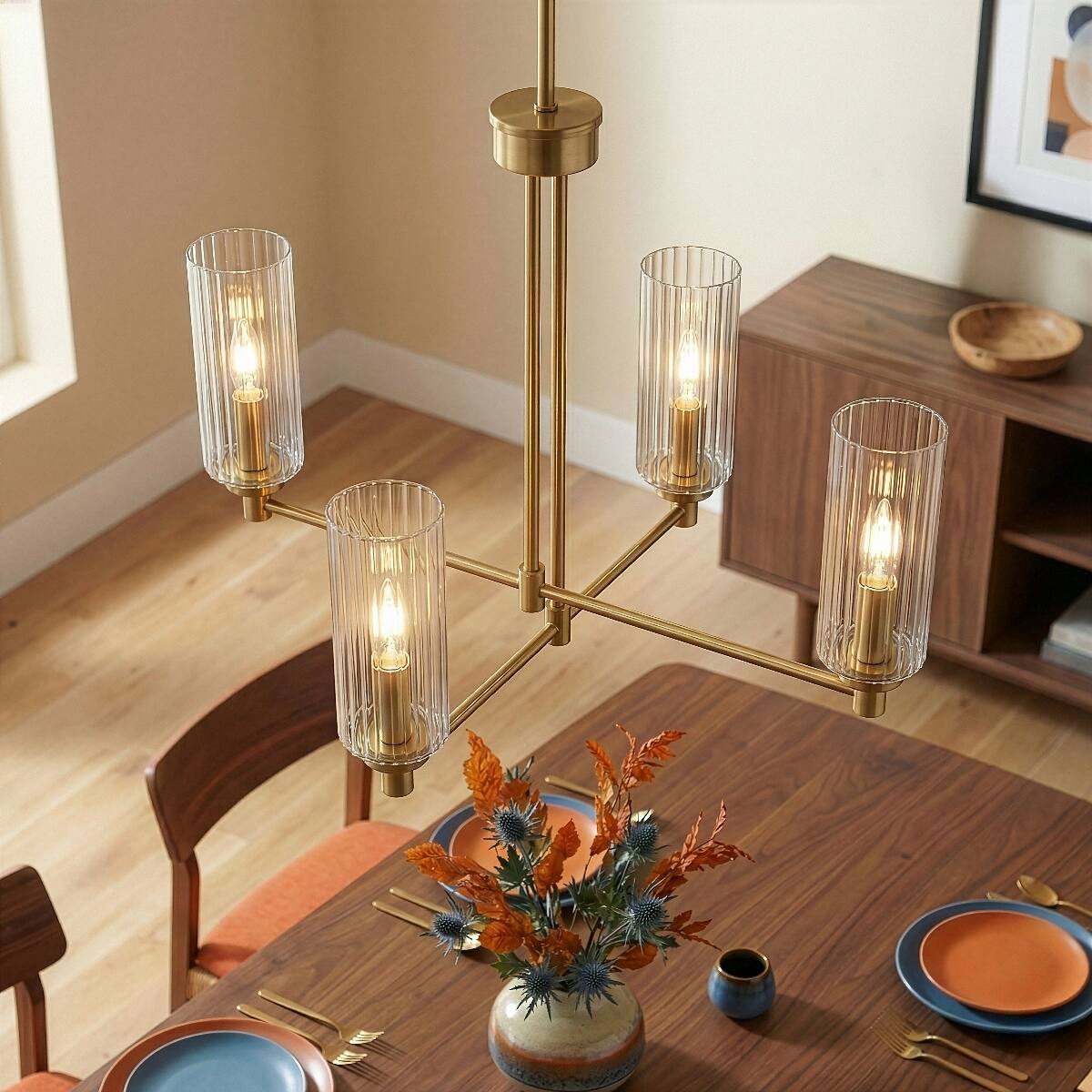 Front. Loheer - Loheer Four Light Chandelier with Clear Ribbed Glass and Satin Brass Finish.