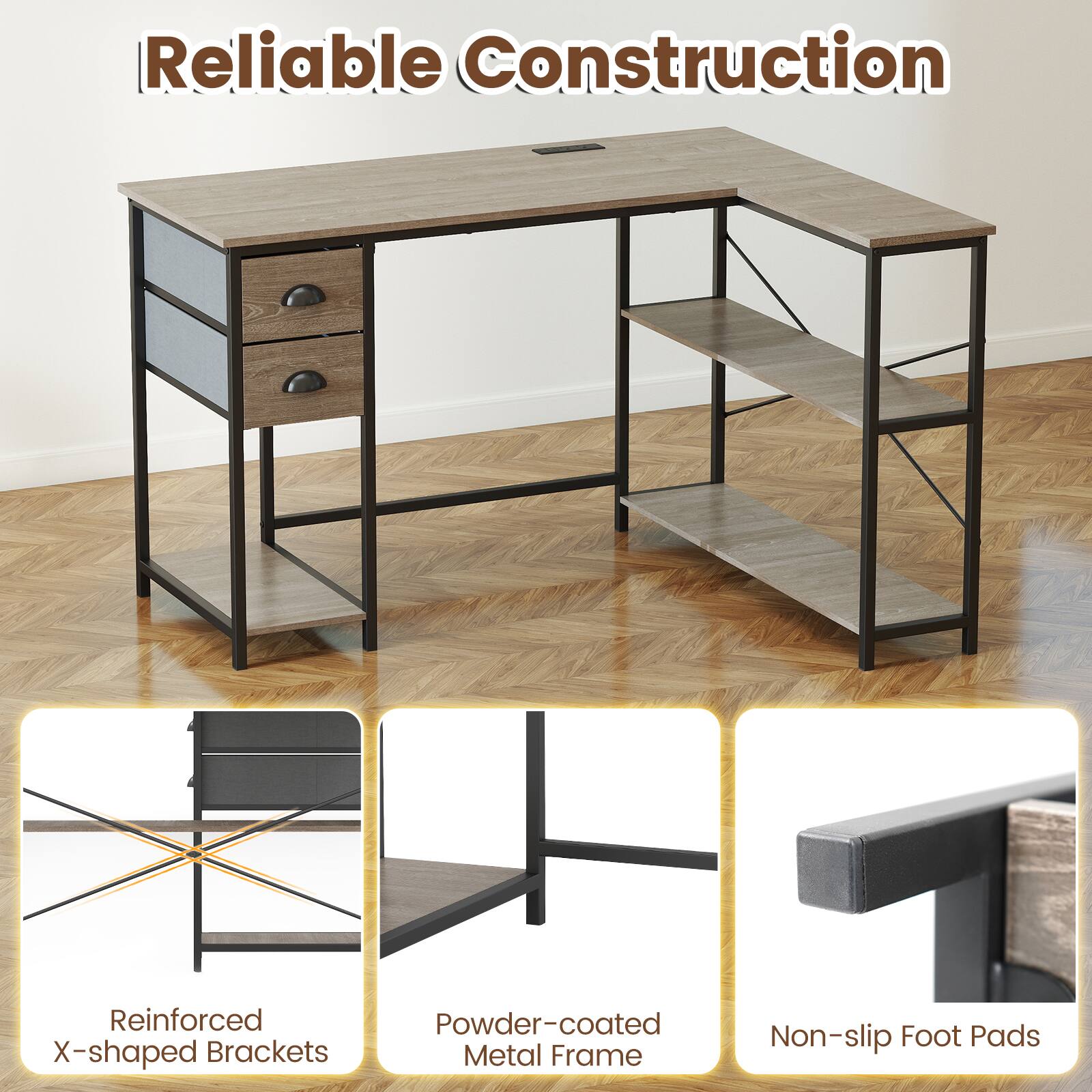 Reliable Construction

- Reinforced X-shaped Brackets
- Powder-coated Metal Frame
- Non-slip Foot Pads