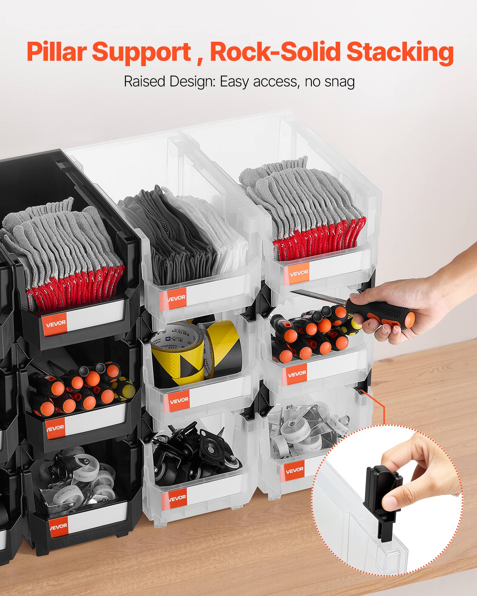 Pillar Support, Rock-Solid Stacking  
Raised Design: Easy access, no snag