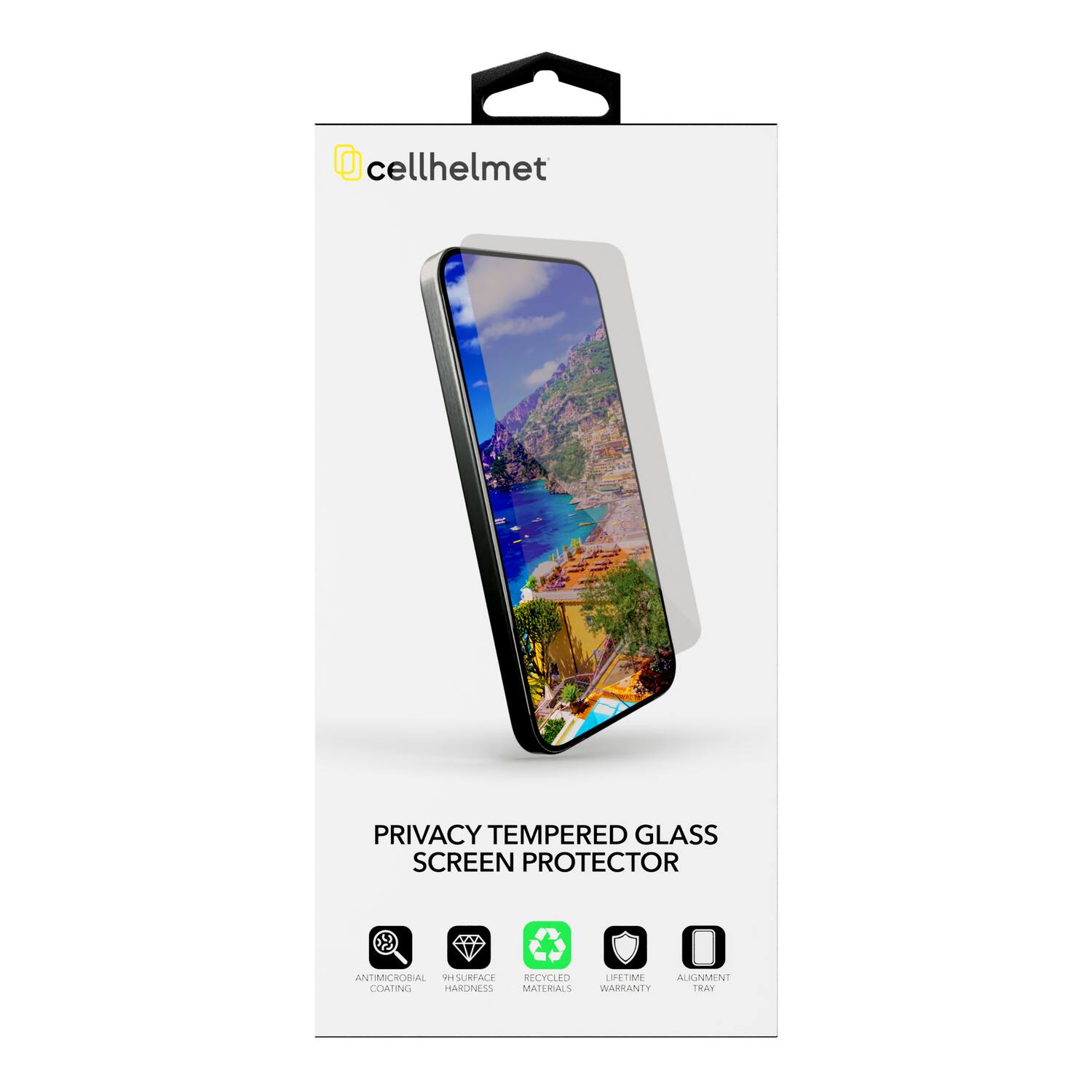 cellhelmet PRIVACY TEMPERED GLASS SCREEN PROTECTOR  
- ANTIMICROBIAL COATING  
- 9H SURFACE HARDNESS  
- RECYCLED MATERIALS  
- LIFETIME WARRANTY  
- ALIGNMENT TRAY
