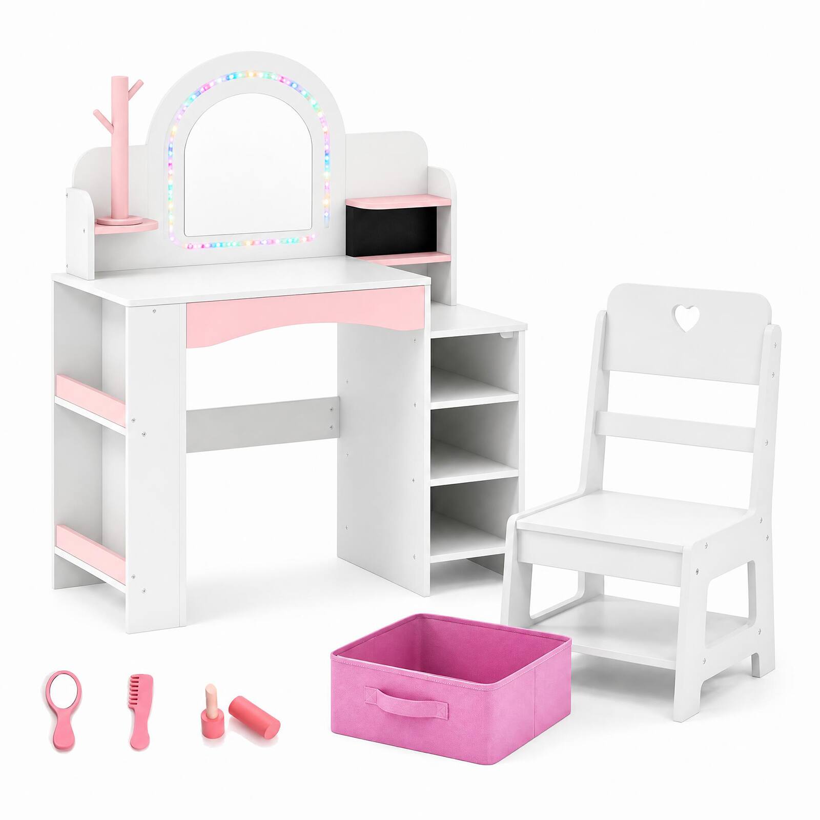 Alt View 1. Costway - Costway Kids Vanity Desk with Mirror and Lights Princess Pretend Play Makeup Table - White.