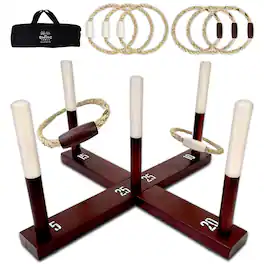 Swooc Games - Rustic Ring Toss Outdoor Game (All Weather) - 15+ Games Included - Vintage Wood & Rope Ring Toss Yard Game - Toss Game - Brown