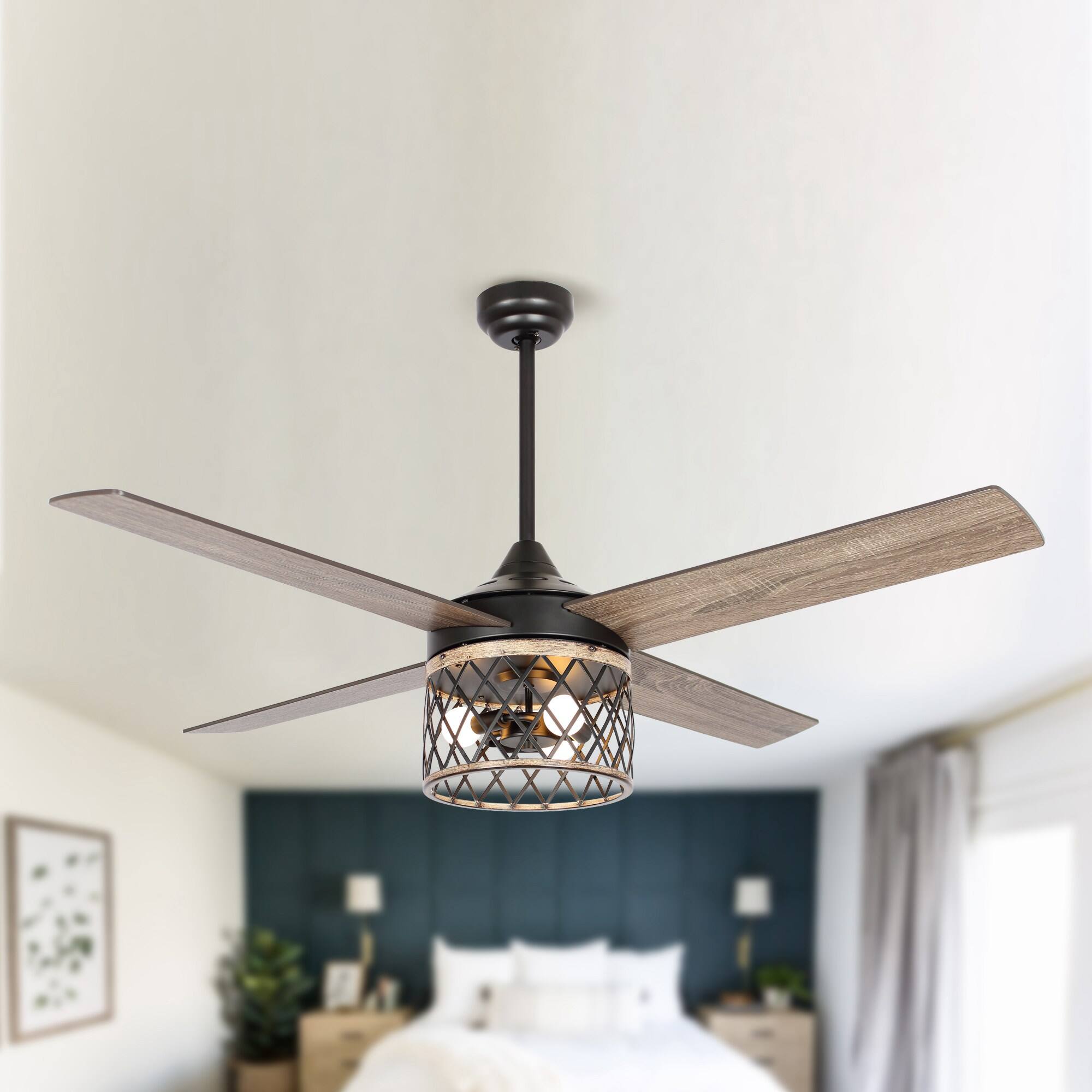 Back. Parrot Uncle - 52" Farmhouse 4-Blade Caged Ceiling Fan with Remote Control - Black.