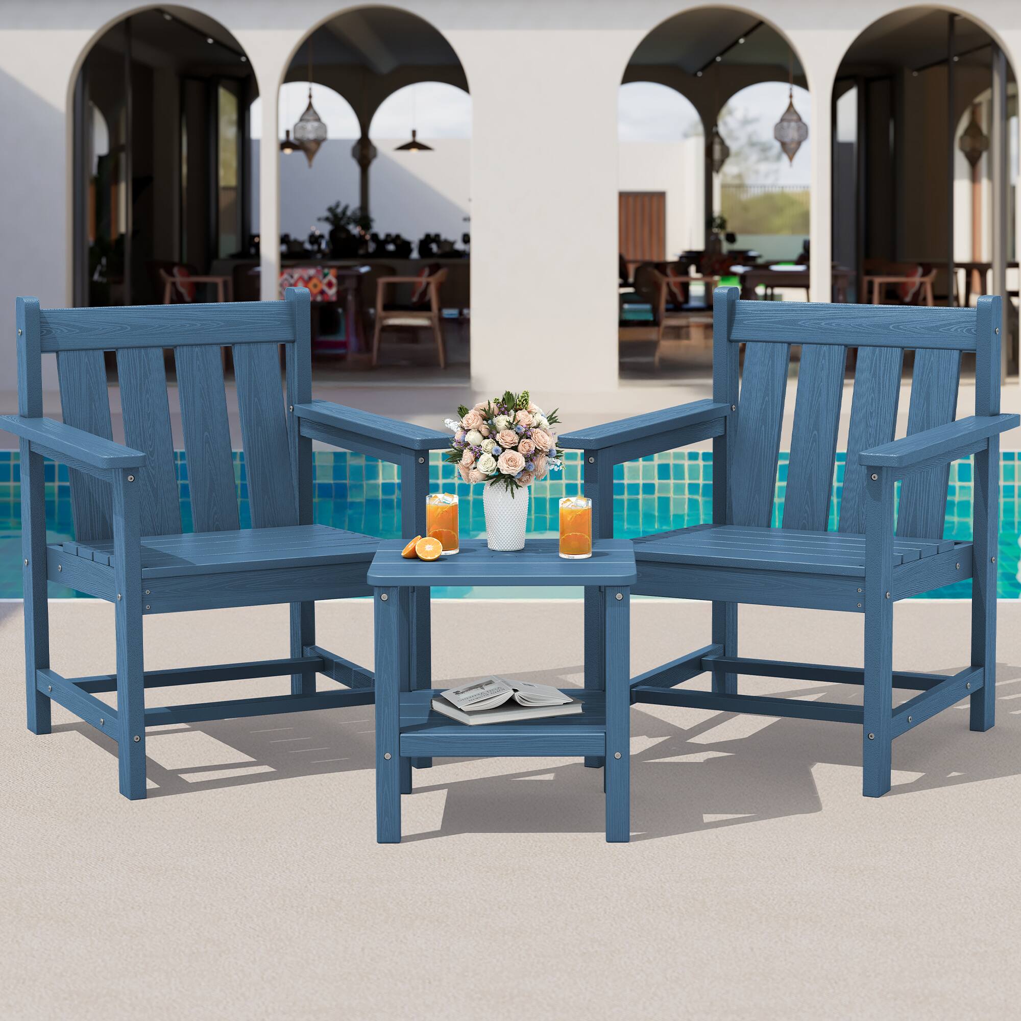 Angle. SERWALL - SERWALL 3 Pieces Patio Bistro Set-Outdoor Chairs and Side Table with Umbrelle Hole,Navy - navy.