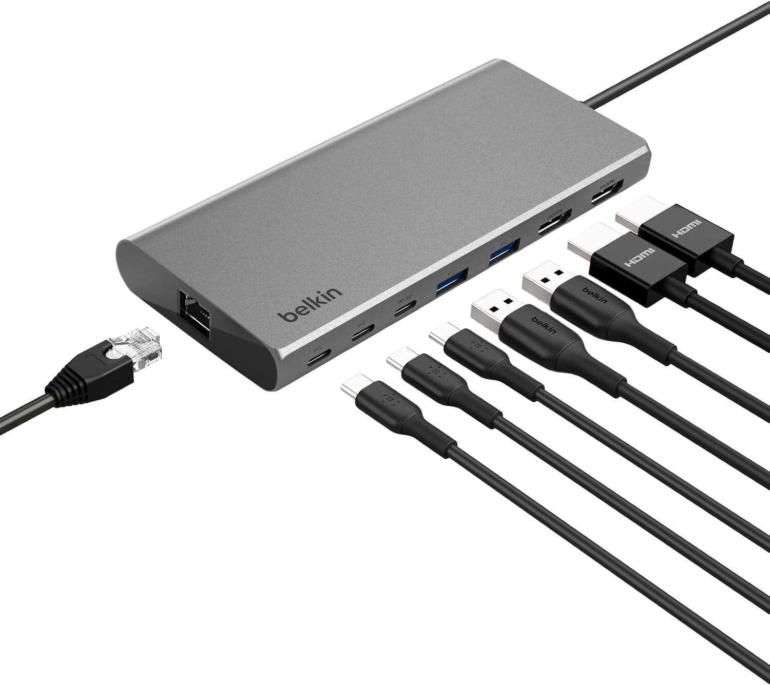 Belkin - Connect Universal USB-C 8-in-1 Dual Display Core Hub Compatible with 100W PD with 10Gbps Transfer Speeds & 1GbE Ethernet - Gray