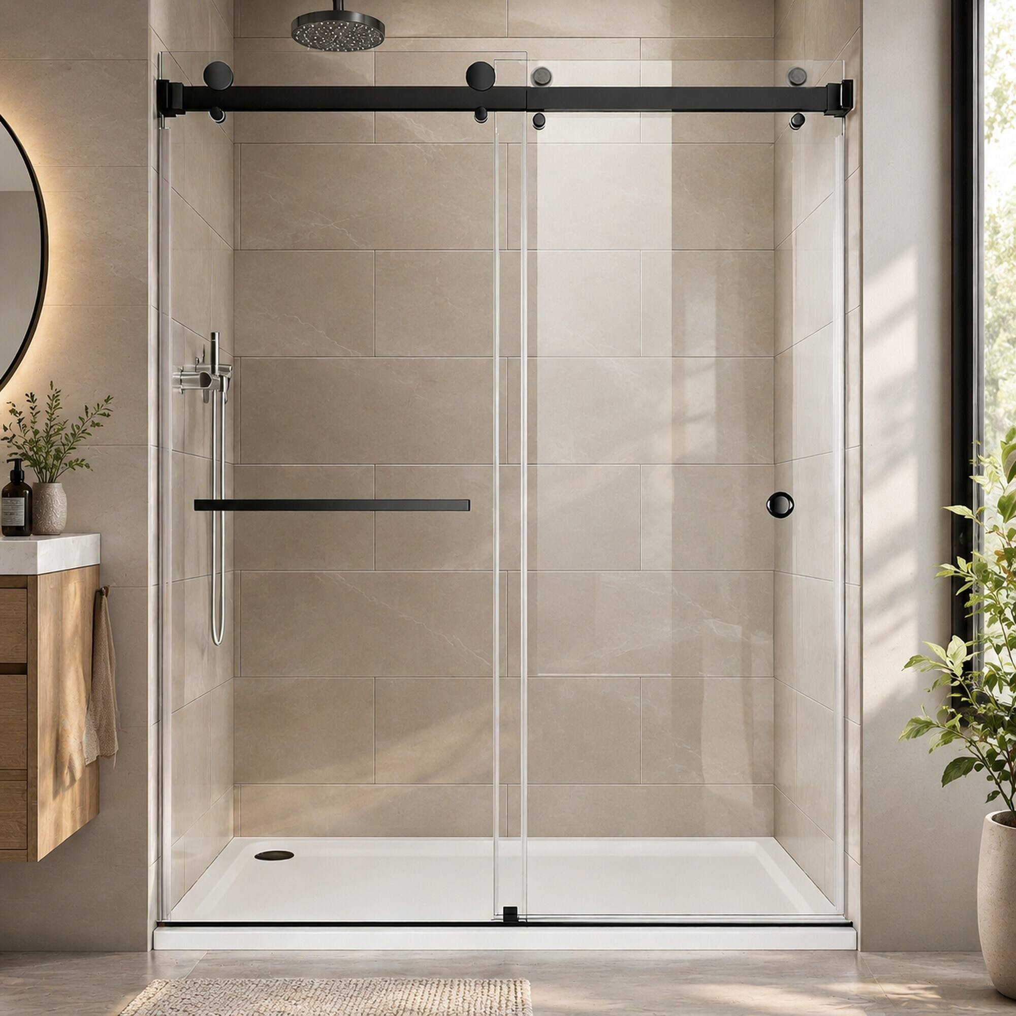 Alt View 2. RYHNUYNE - 55-59 In W X 72 In H Frameless Double Sliding Shower Door, 5/16 In Clear Tempered Glass Matte Black Finish - Matte Black.
