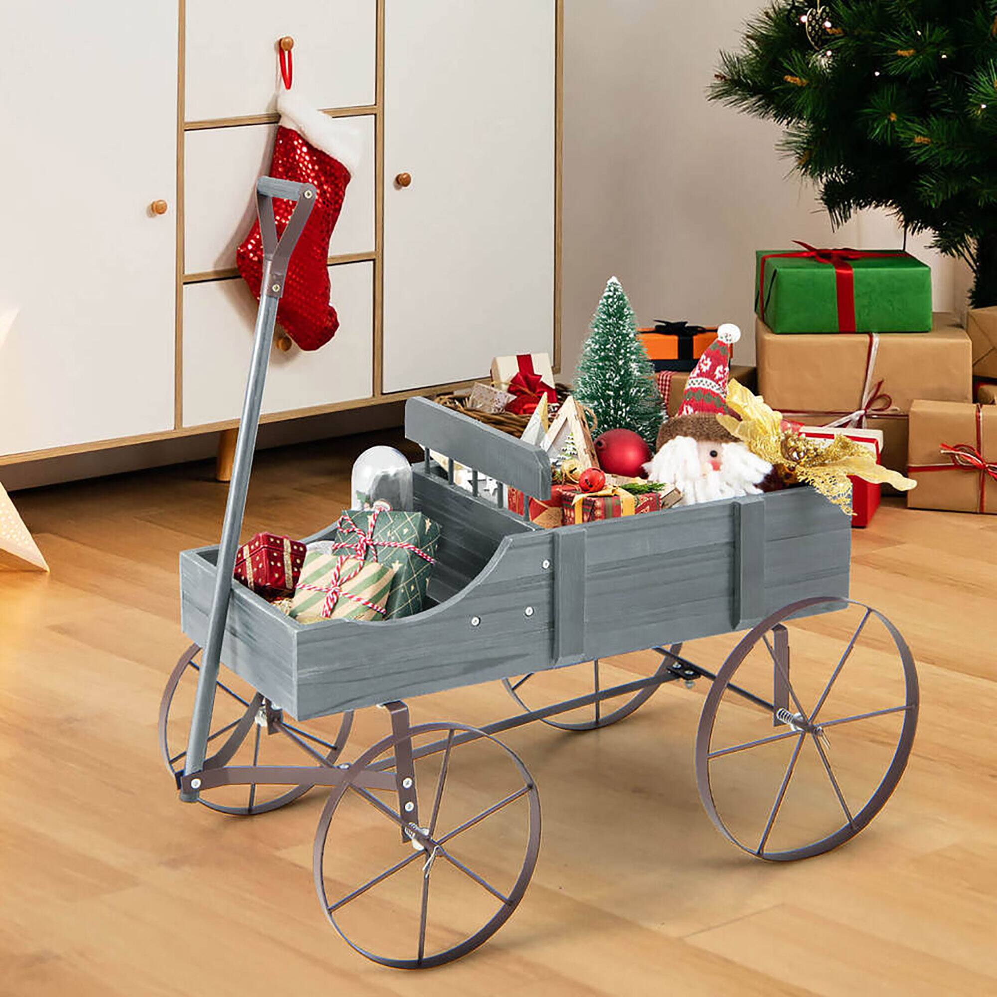 Alt View 1. Gymax - Gymax Patiojoy Wooden Garden Flower Planter Wagon Plant Bed W/ Wheel Garden Yard Gray - Gray.