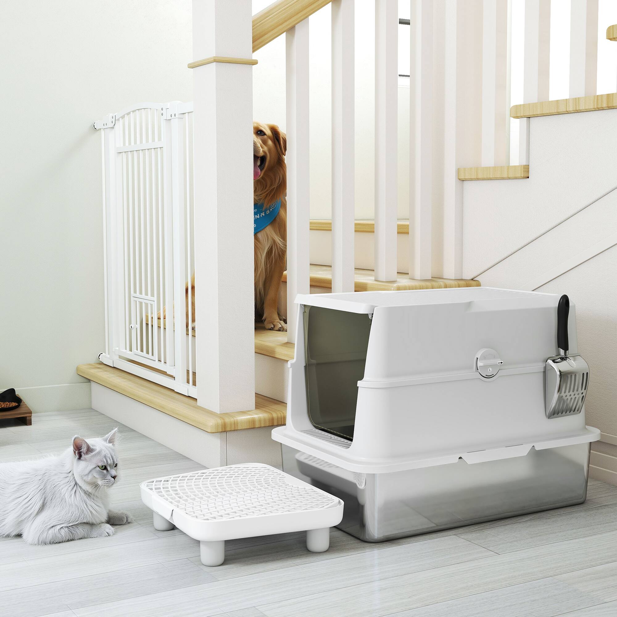 Alt View 5. Pawhut - Stainless Steel Cat Litter Box with Lid, XL Enclosed Metal Litter Box for Big Cats, Flip Cover, High-Sided, Scoop - Light Gray.