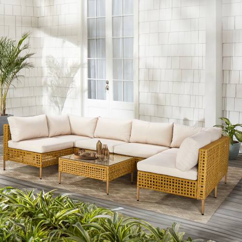 Alt View 7. Winado - 7PCS Patio Wicker Rattan Sectional Furniture Set with Cushions, Coffee Table for Indoor Outdoor Garden Backyard Poolside - Yellow & Beige Cushion.