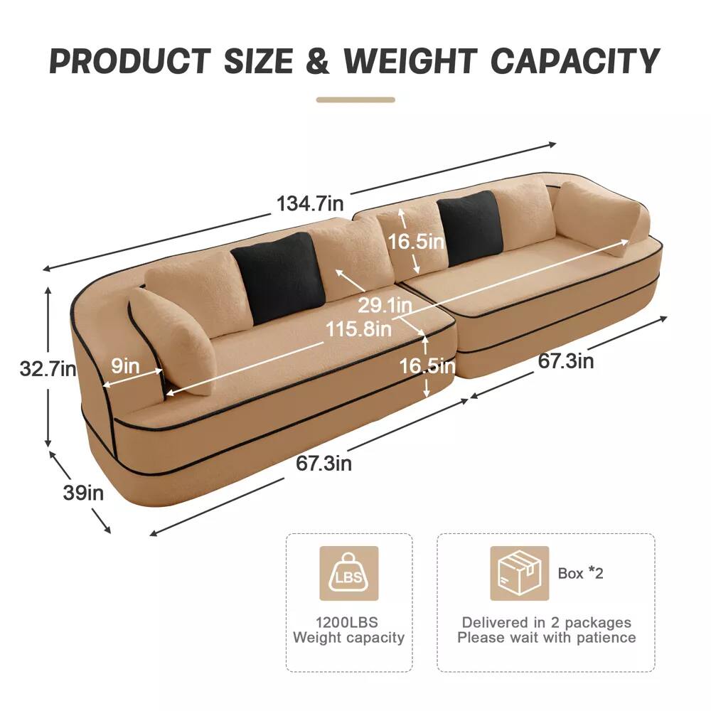 PRODUCT SIZE & WEIGHT CAPACITY

- Length: 134.7in
- Width: 39in
- Height: 32.7in
- Seat Height: 9in
- Seat Depth: 29.1in
- Armrest Height: 16.5in
- Armrest Width: 16.5in
- Back Height: 115.8in
- Back Width: 67.3in
- Seat Width: 67.3in

Weight Capacity: 1200LBS

Box *2
Delivered in 2 packages
Please wait with patience
