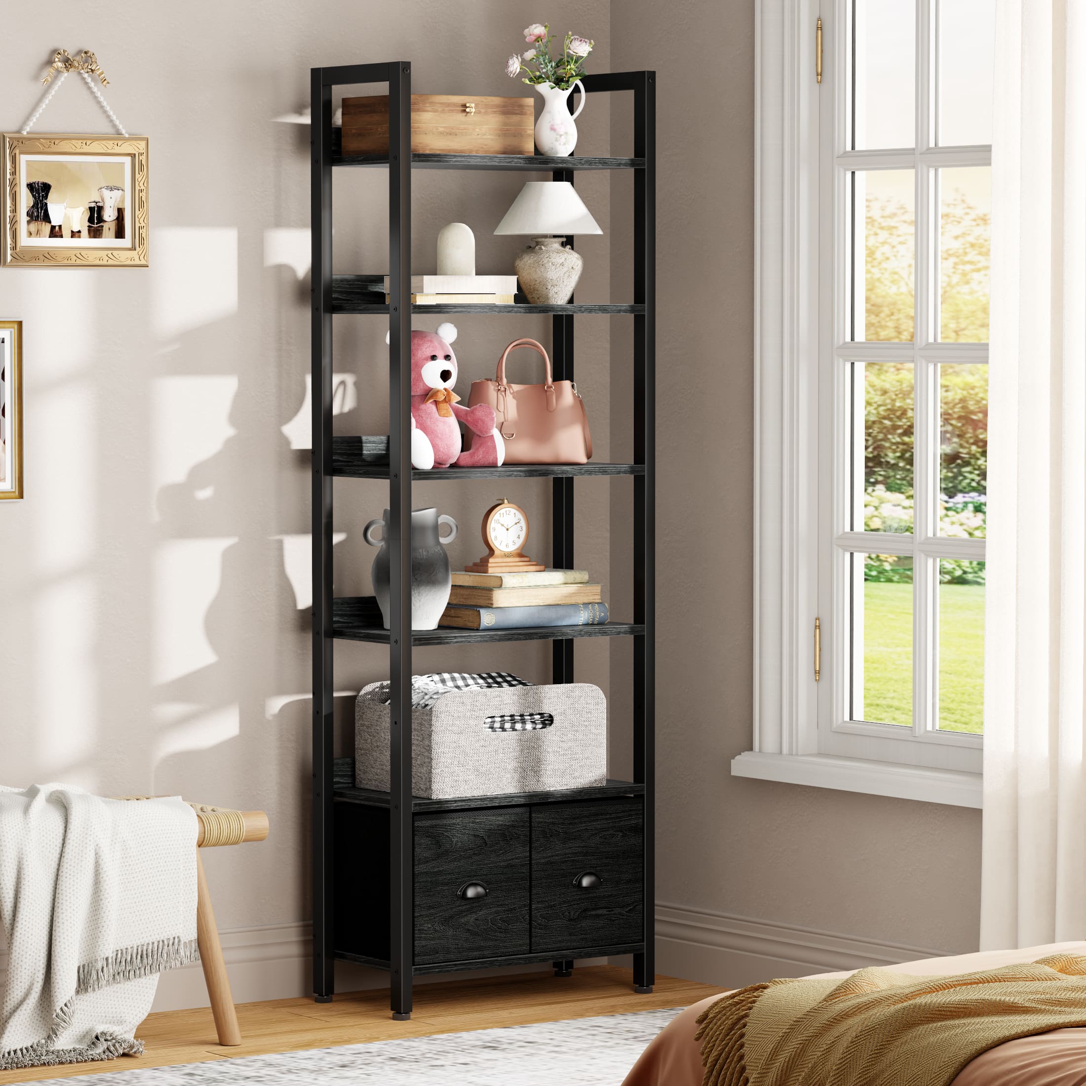 Furnulem - 6 Layers Industrial Tall Standing Bookshelf with Wood & Metal Frame 2 Storage Drawers - Black