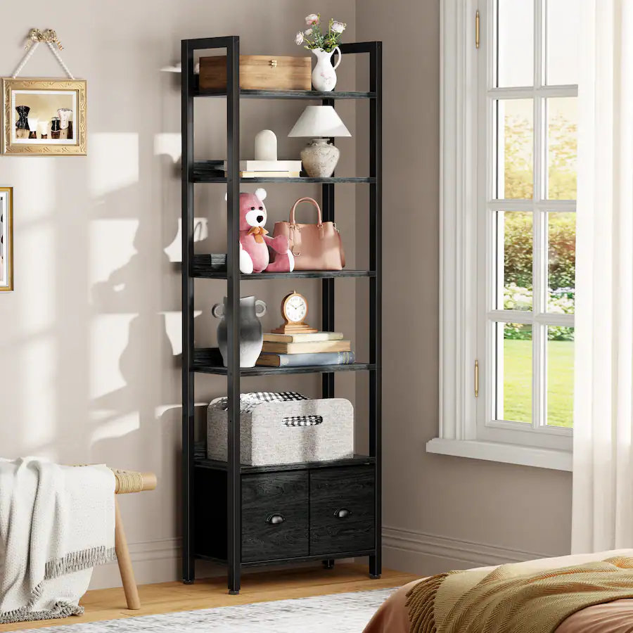 Furnulem Industrial Tall Standing Bookshelf with Wood & Metal Frame 2 ...
