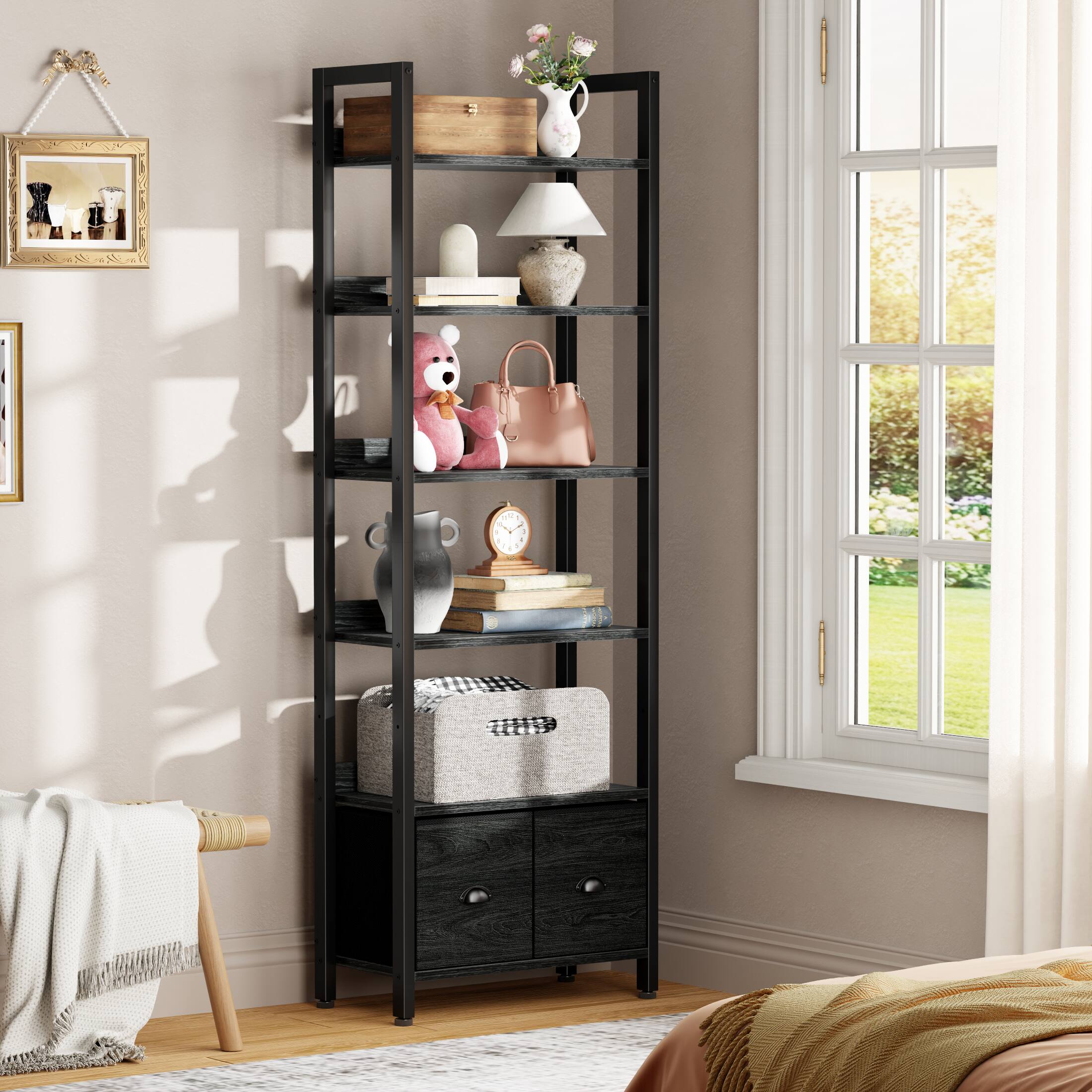 Furnulem - 6 Layers Industrial Tall Standing Bookshelf with Wood & Metal Frame 2 Storage Drawers - Black