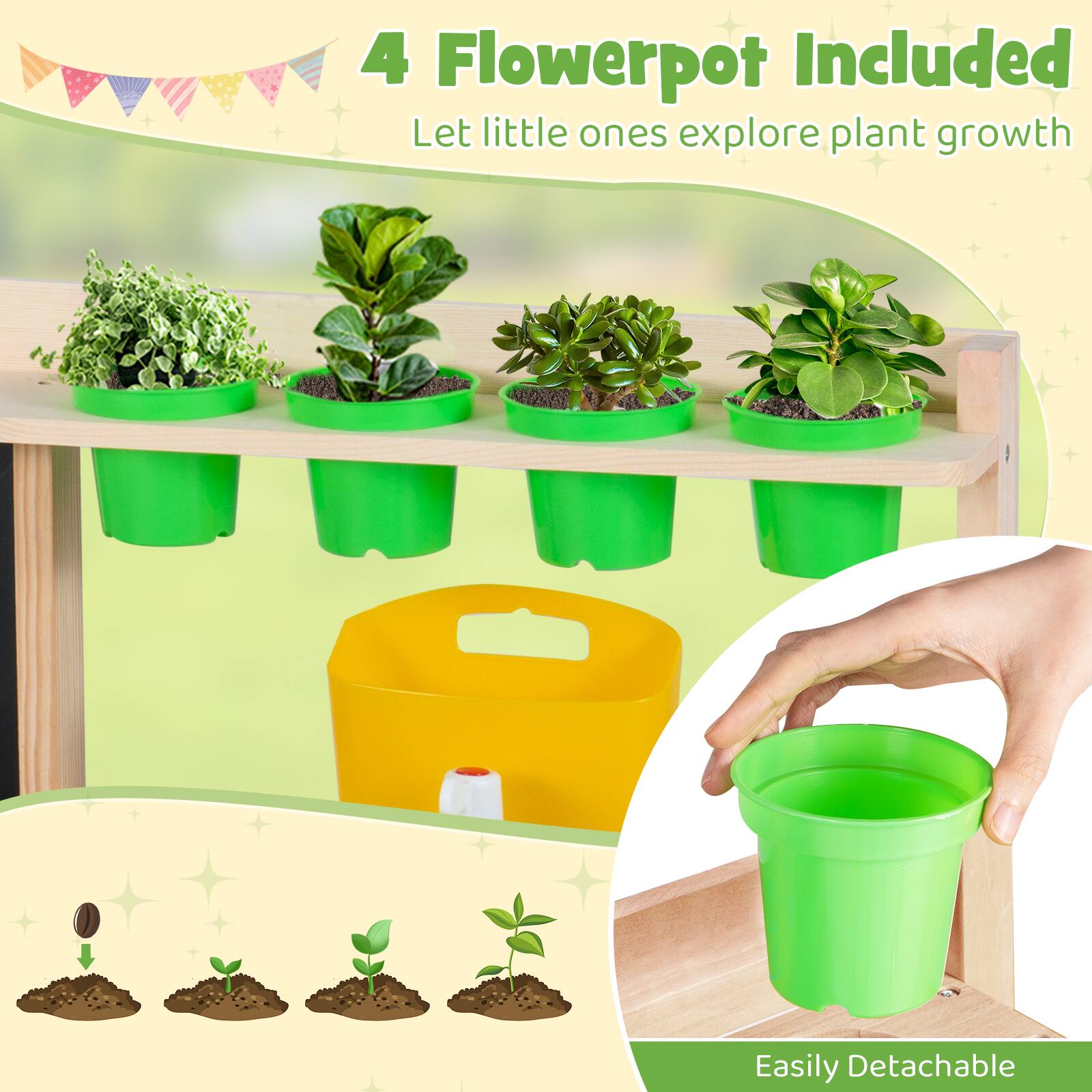 4 Flowerpot Included  
Let little ones explore plant growth  
Easily Detachable