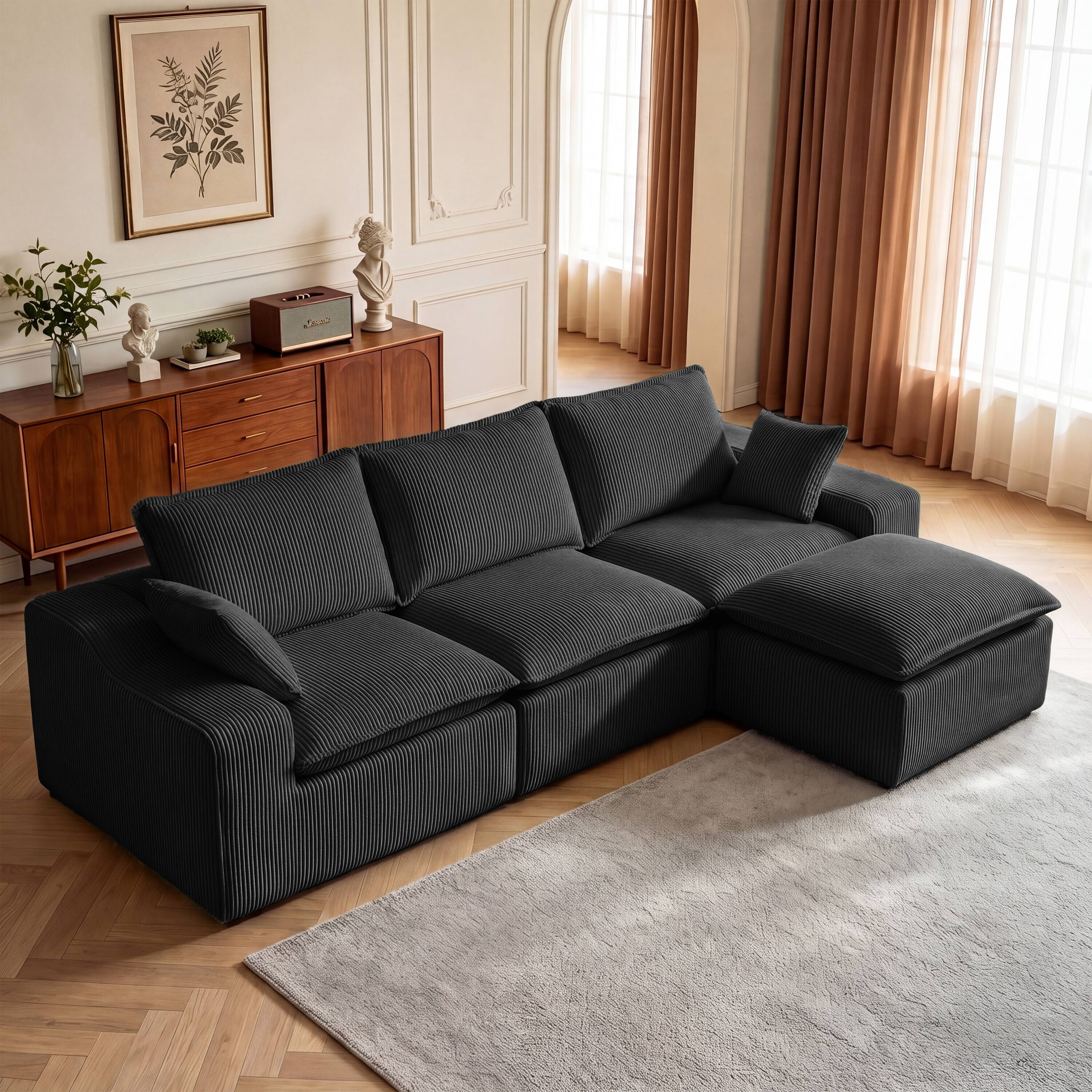 Left. CarterChairr - 107" L-Shape Modular Sectional Sofa with Ottoman & 2 Pillows, Cloud Boneless Couch for Living Room - Black.