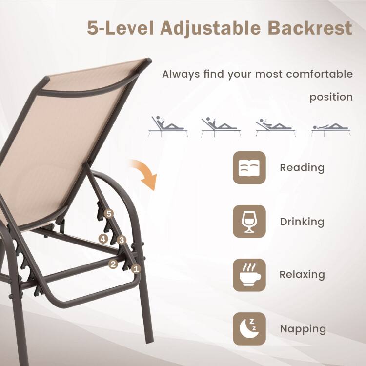 5-Level Adjustable Backrest  
Always find your most comfortable position  
Reading  
Drinking  
Relaxing  
Napping