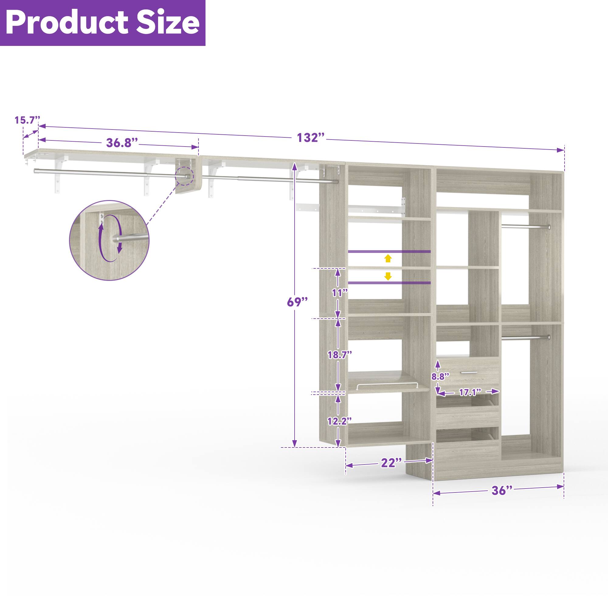 Product Size

- 15.7"
- 36.8"
- 132"
- 69"
- 11"
- 18.7"
- 8.8"
- 17.1"
- 12.2"
- 22"
- 36"
