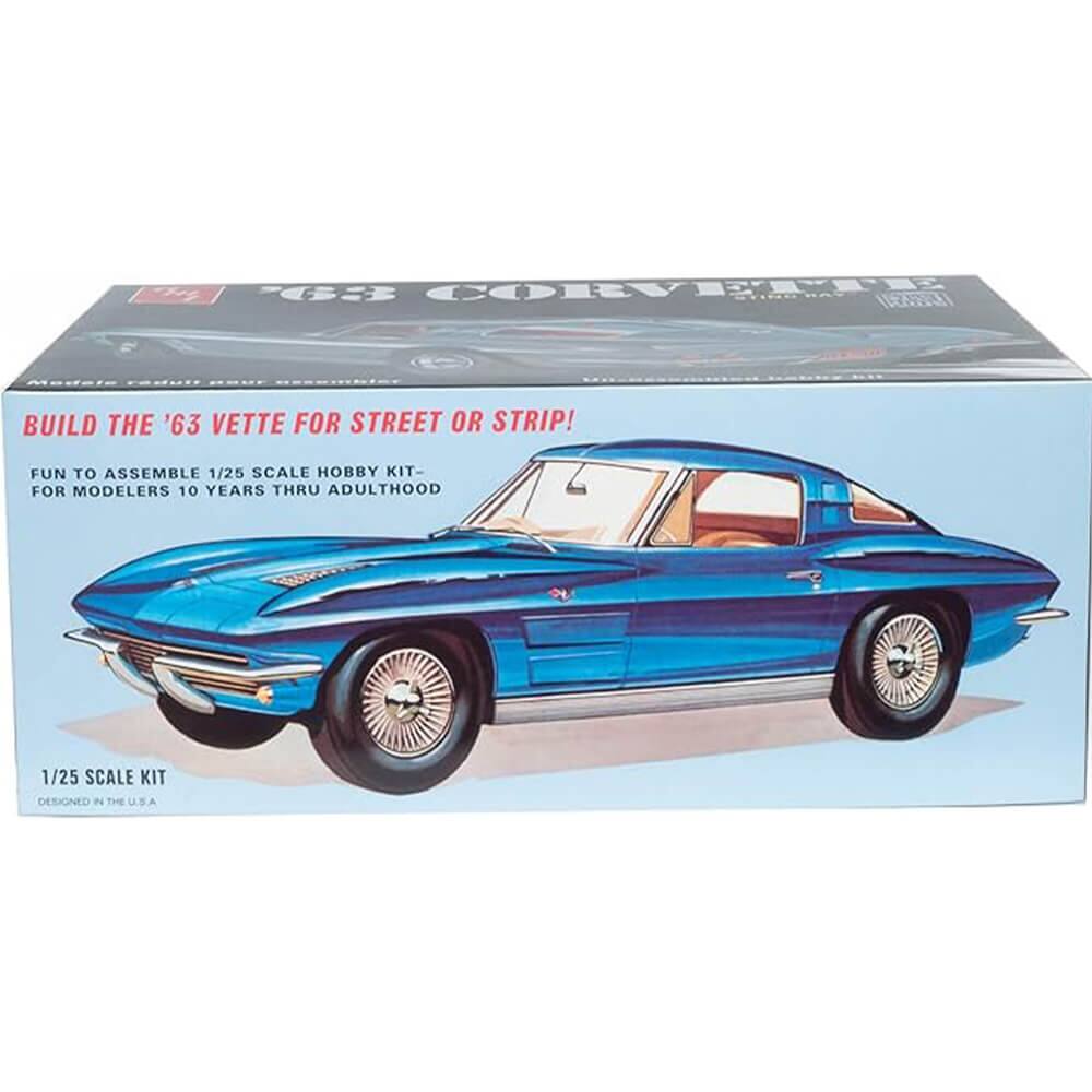 Sure, here is the corrected and grouped text from the image:

---

**BUILD THE '63 VETTE FOR STREET OR STRIP!**

**FUN TO ASSEMBLE 1/25 SCALE HOBBY KIT - FOR MODELERS 10 YEARS THRU ADULTHOOD**

**1/25 SCALE KIT**

**DESIGNED IN THE U.S.A**

---