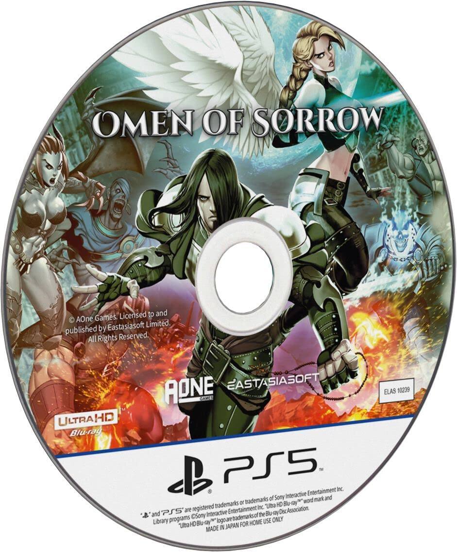 OMEN OF SORROW  
Licensed to and published by AOne Games. Eastasiasoft Limited. All Rights Reserved.  
ULTRA HD Blu-ray  
AONE EASTASIASOFT  
PS5  
Entertainment Inc. of Sony Interactive mark and or trademarks Blu-ray word trademarks Inc.  
"Ultra HD Blu-ray" are registered Entertainment Blu-ray Disc Association and Sony Interactive the Library programs Ultra HD Blu-ray logo are trademarks of  
FOR HOME USE ONLY  
MADE IN JAPAN  
ELAS 10239